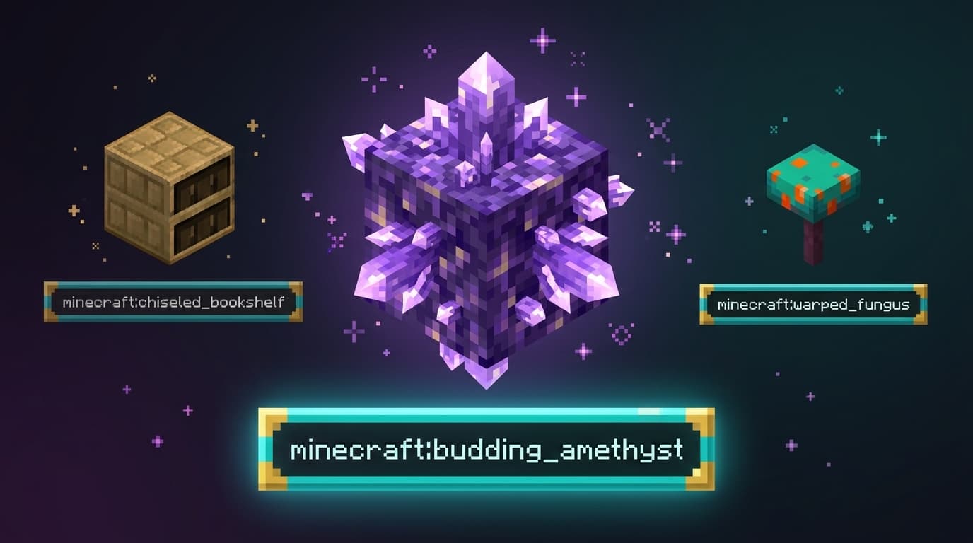 Bloques de Minecraft en isométrico —amatista germinada, estantería cincelada y hongo distorsionado— con sus IDs de comando debajo.